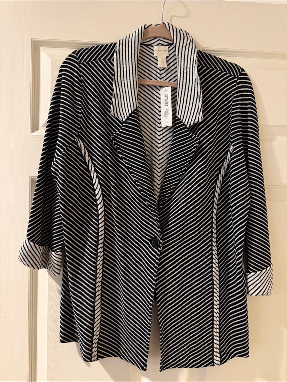 Chico's Black & White Diagonal Stripe Open Blazer